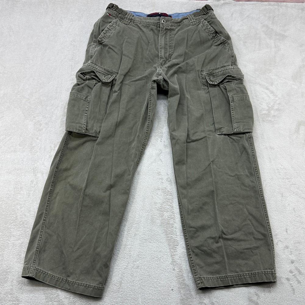 Vintage Tommy Hilfiger Cargo Pants Mens 33x32 Olive Green Loose Fit Cotton Twill